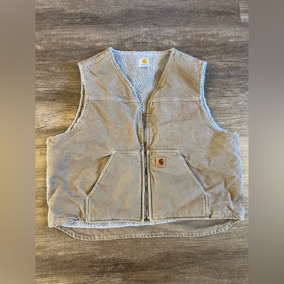 Carhartt Vest Mens 2XL Brown Full Zip Sherpa Lined Canvas Workwear V26 FRB G17